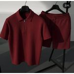 Nil Men’s Ribbed Zip Polo Shirt and Shorts Set – Wine Red