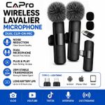 CAPro Wireless Lavalier Microphone Dual Clip-On Mini Mic Plug & Play Noise Reduction For iPhone Android Type-C Video Recording Vlog Interview TikTok