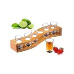 6 Hole Bamboo Tequila Shot Glass Rack Holder With Glass