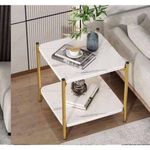 Elegant Faux Marble Accent Side Table with Gold Metal Legs- White