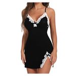product_image_name-Fashion-Lace Slip Nightdress, Sexy Deep V Side Split Sleep Dress, Women's Sleepwear & Dresses Black-1