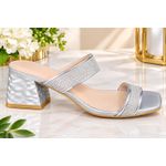 Fashion Silver Rhinestone Decor Open-Toes Chunky Heels Half-Sandals - image 3