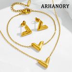 product_image_name-ARHANORY-Women Necklace Bracelet Earrings Set Pendant Chains Letter V Fashion Jewelry Stainless Steels Ladies -Gold-1