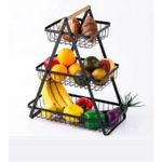 3 Tier Wire Fruit Basket Stand with Wooden Handle