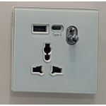Universal Power Wall Socket with USB-A & Type-C Ports, Toggle Switch, and White Tempered Glass Panel