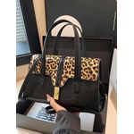 Fashion Women's medium size  glossy handbag - Black with leopard colour flap