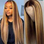 Brown Gold Gradient Long Straight Hair Wig With Medium Parting For Women Daily