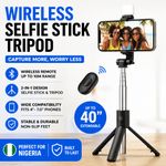Generic 40" Wireless Selfie Stick Tripod with Fill Light & Bluetooth Remote - Extendable Phone Tripod Stand for iPhone, Samsung, Android Phones