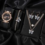 Women's Butterfly Watch + Necklace + Earrings + Bracelet Set - Black