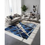 Modern Geometric Area Rug – Blue, Black & White Abstract Design (Large Size)