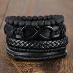 Fashion Men's Multi-Layer Stacked Hand Beads & Leather Wristband Set - Black