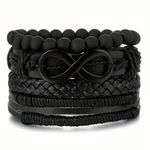 Fashion Men's Multi-Layer Stacked Hand Beads & Leather Wristband Set - Black - image 5