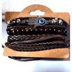 Blue Eye Woven Leather Men's Bracelet Multi-Layer 4in1 Set Brown