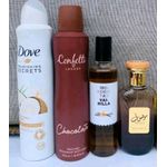 Fragrance Combo Gift Set Perfume of 4 in 1 of  Dove Antiperspirant, Confetti Body Spray, Monogotas Body Mist Spray, and Mosuf Mini EDP (the perfect unisex fragrance layering)