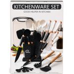 Multipurpose Kitchenware Set with Knife Set, Cooking Utensils, Cutting Board & Storage Holders – Black/White/Rose Gold