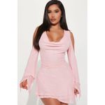 Fashion Pink Mesh Long Sleeve Cowl Neck Stretch Mini Dress for Women Party Clubwear Night Out