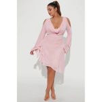 Fashion Pink Mesh Long Sleeve Cowl Neck Stretch Mini Dress for Women Party Clubwear Night Out - image 3