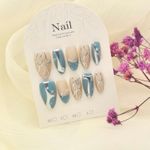 Generic 10 Pcs High-Quality Misty Blue & Silver Line 3D Embossed Press-On Nails