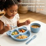 Generic Children's Wheat Straw Dinnerware Set, Bear Divided Plate + Bowl with Spoon & Fork, Safe for Kids, Blue - image 5