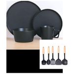 product_image_name-Generic-Kitchenware Dinner set black__ 16 pcs & 6 pcs non stick cooking spoon set -2