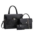 3 in 1 Office Ladies Croc Leather Handbag - Black