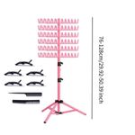 standing hair braiding rack featuring a tripod base, horizontal hanging arms with pegs to keep