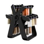 Generic This black rotating Ferris wheel spice rack features 18 clear glass jars.