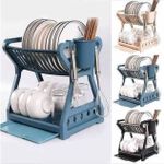 Two-tier plastic plate/dish drying rack with removable drain tray