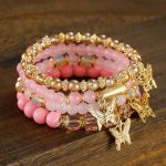 Women's 4-Piece Pink Beaded Stackable Bracelet Set - Gold Butterfly Charm Layered Bracelets