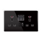 Double Switched Black Glass UK Wall Socket with Dual USB Charging Ports (USB-A & Type-C)