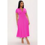 Fashion Fuchsia Short Sleeve V-Neck Stretch Midi Dress for Women Casual Everyday Wear Date Night