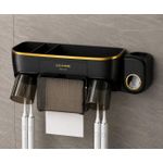 Premium Bathroom Wall Shelf with Automatic Toothpaste Dispenser - 2 Toothbrush Holders - Tissue Storage Rack - No-Drill Installation
