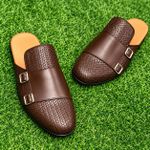 Brown Double-Buckle Woven Mule Slippers