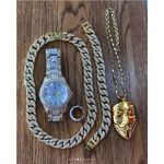 Lookworld Luxury Deluxe Set Of Iced Studded Wrist Watch +Iced Necklace & Ice Bracelet For Luxury Men/Women