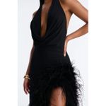 Fashion Black Feather Mesh High Slit Cowl Neck Zipper Maxi Dress for Women Party Clubwear Night Out - image 2