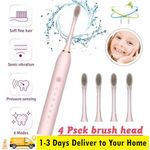 Pink Electric Toothbrush with 42,000 Vibrations, 6 Cleaning Modes, 60‑Day Battery Life, IPX7 Waterproof, Smart Timer, Memory Function, Ultra‑Quiet Motor, Includes 4 DuPont Brush Heads, Deep Cleaning Rechargeable Toothbrush for Adults