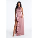 Fashion Mauve Ruffle Satin Mock Neck Halter Slit Gown for Women Evening Formal Special Occasion