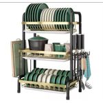 3-Tier Black and Gold Dish Rack with a built-in tray drainer,