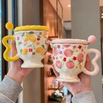Generic Kawaii Fruit Garden Goblet Mug with Lid & Spoon / "Love Yourself" Wavy Handle Ceramic Cup