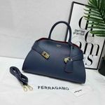 Luxury Designer-Style Structured Leather Handbag for Women – Nevy Blue with Red Interior & Gold Hardware