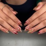 product_image_name-Avsty-3D Dark Red French Tip Press on Nails Flower Medium Almond False Nails Glossy Gold Curve line Acrylic False Nail Tortoise Pattern Stick on Fingernails Petal Gel Glue on Nail for Women 24Pcs-4
