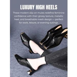 Ladies Black square-toe half-slip sandals with soft soles and soft uppers