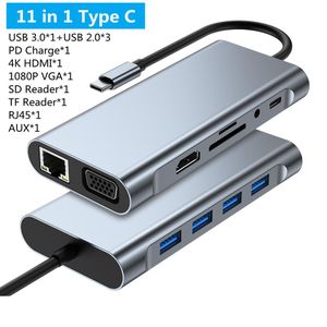 High Quality 11 in 1 USB C HUB Type C Adapter 4K HDTV VGA RJ45 Ethernet SD/TF Hub 3.5MM AUX 11 Port Dock Station for Laptop