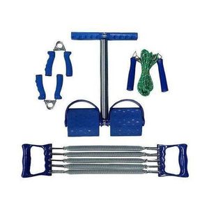 4-Way Training Set - Tummy Trimmer - Chest Expander - Jump Rope - Hand Grips - Blue