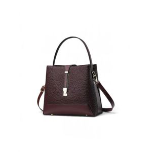 Women Lace Embossed Bucket Handbag - Burgundy Office Tote Bag With Crossbody Strap