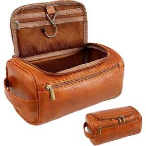 Men's PU Leather Toiletry Bag Waterproof Travel Wash Bag Dopp Kit Shaving Bag with Hook and Handle
