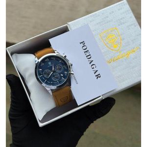 POEDAGAR Brown Leather Strap Waterproof Watch for Men
