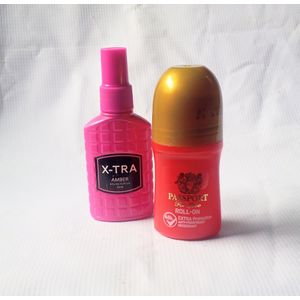 Perfume Gift Set Combo 2 in 1 of Xtra Pink Amber Body Spray 50ml EDP and Passport For Love Roll On 50ml (Unisex Daily Comfort), NAFDAC Number: Spray: A2-102698, Roll On: 02-8926