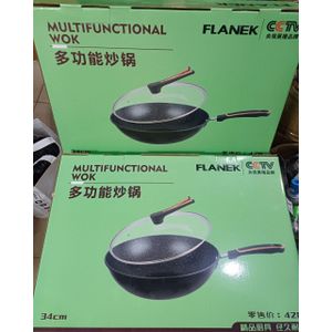 Flanek 34cm Multifunctional Non-Stick Wok Frying Pan With Tempered Glass Lid Cover