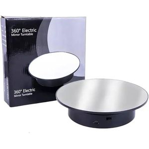 Automatic Rotating Display Stand - 360 Degree Electric Rotating Turntable With Mirror for Photography Products Display, Jewellery, Cake, Etc (Black)